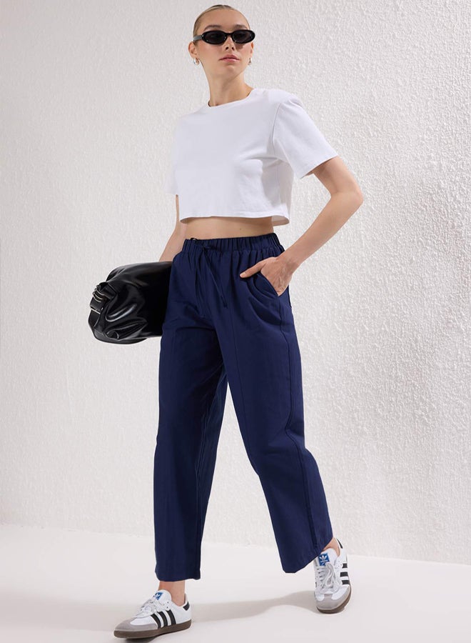 trendyol Navy Blue Matte Textured Elastic Waist Trousers - Image 2