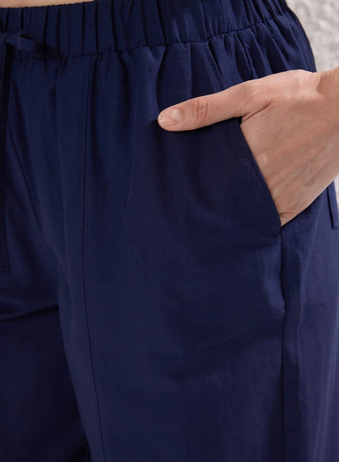 trendyol Navy Blue Matte Textured Elastic Waist Trousers - Image 4