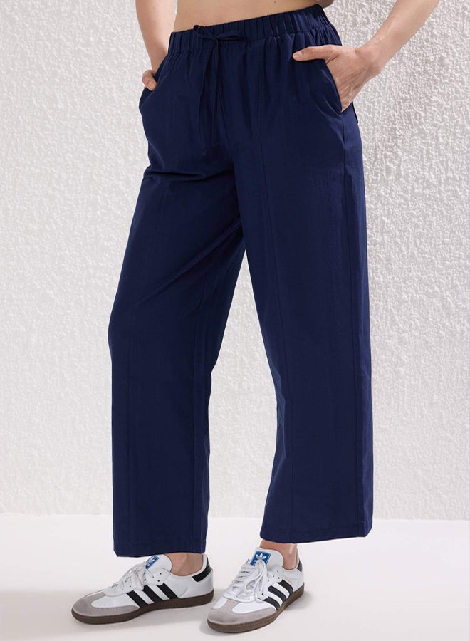 trendyol Navy Blue Matte Textured Elastic Waist Trousers - Image 3