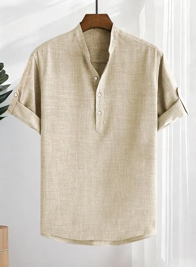 Take Two Men Plus Size Solid Stand Collar Casual Shirt