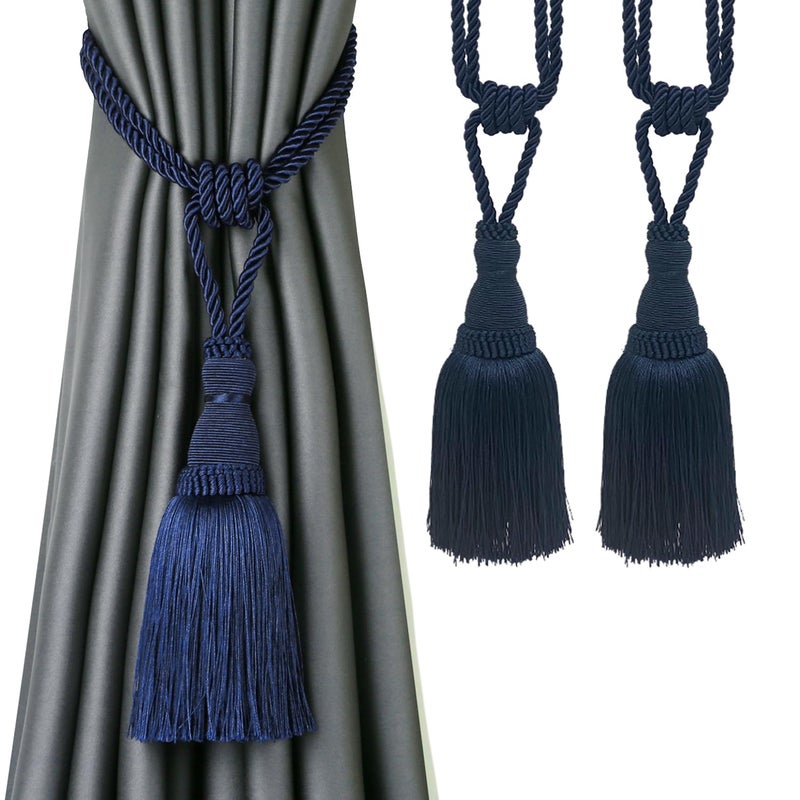 BEL AVENIR 2 Pack Curtain Tiebacks Tassel Drapery TieBacks Rope Handmade Holdbacks Home Office Hotel Decorative Navy