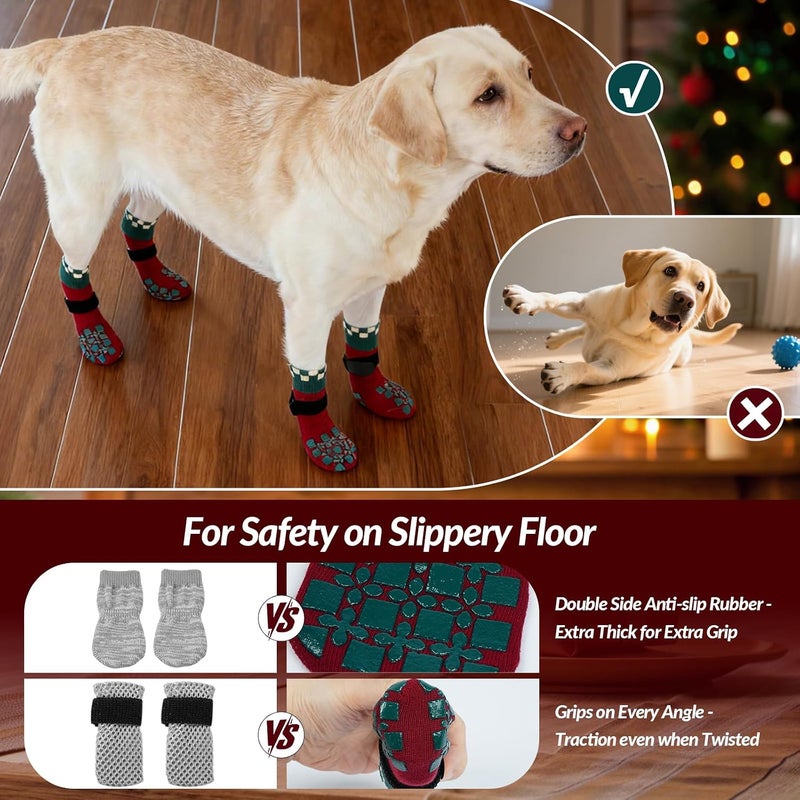 ROZKITCH Soft Dog Socks with Grippers, Dog Shoes for Hot/Cold Pavement, Injury Prevent Licking for Extra Large Traction Control Non-Slip Paw Protectors Corgi, Schnauzer Christmas Red L - Image 4