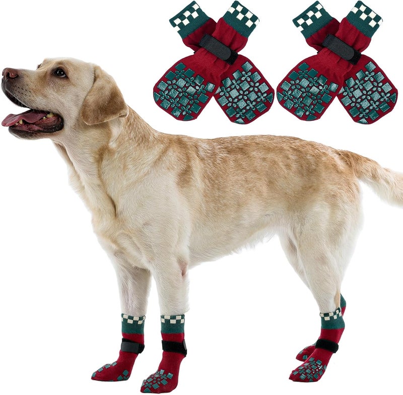 ROZKITCH Soft Dog Socks with Grippers, Dog Shoes for Hot/Cold Pavement, Injury Prevent Licking for Extra Large Traction Control Non-Slip Paw Protectors Corgi, Schnauzer Christmas Red L - Image 1