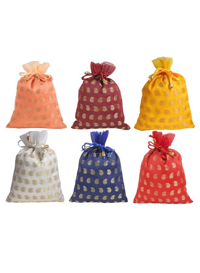Touchstone Indian Handcrafted Paisley Chanderi Fabric Red Yellow Blue White Maroon Peach Wedding Bridal Party Drawstring Potli Pouches Bags For Gift Jewelry. Set Of 6 For Women. - Image 1