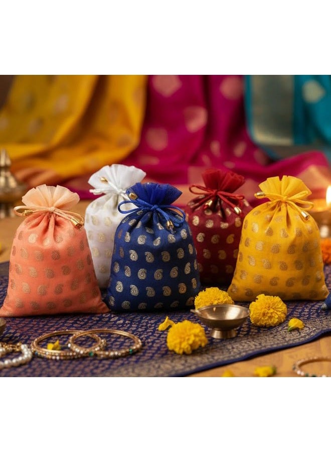 Touchstone Indian Handcrafted Paisley Chanderi Fabric Red Yellow Blue White Maroon Peach Wedding Bridal Party Drawstring Potli Pouches Bags For Gift Jewelry. Set Of 6 For Women. - Image 3