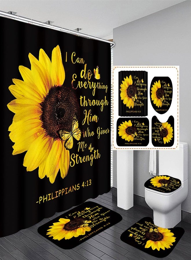 AZHM 4pcs Sunflower Shower Curtain Set Inspirational Quotes Flower Bathroom Decor with Rugs Bathroom Accessories Set Bathroom Curtain Shower with 12 Hooks - Image 1