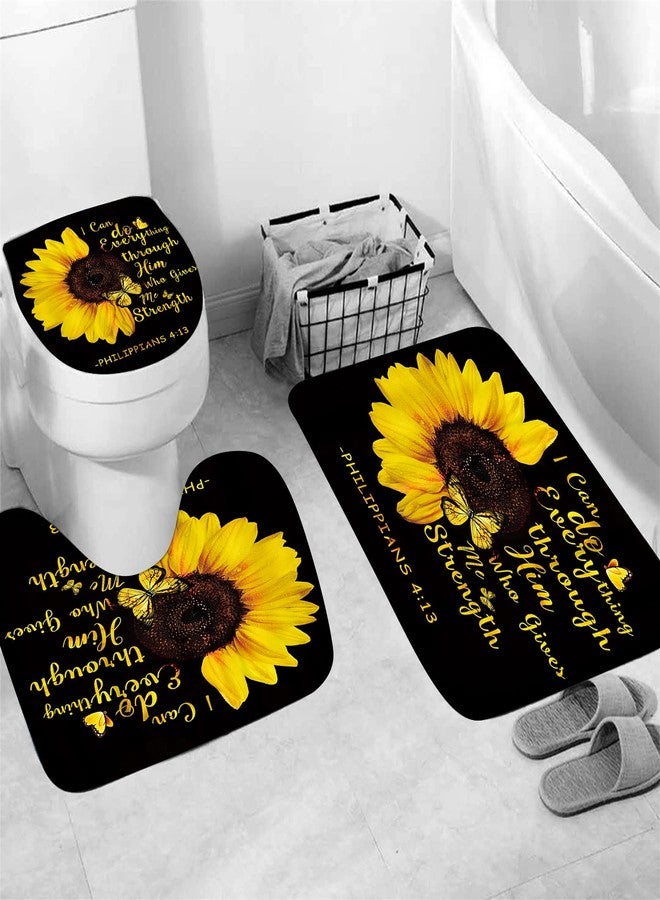 AZHM 4pcs Sunflower Shower Curtain Set Inspirational Quotes Flower Bathroom Decor with Rugs Bathroom Accessories Set Bathroom Curtain Shower with 12 Hooks - Image 4