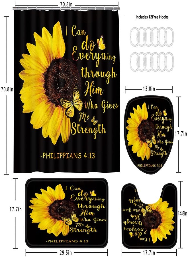 AZHM 4pcs Sunflower Shower Curtain Set Inspirational Quotes Flower Bathroom Decor with Rugs Bathroom Accessories Set Bathroom Curtain Shower with 12 Hooks - Image 5