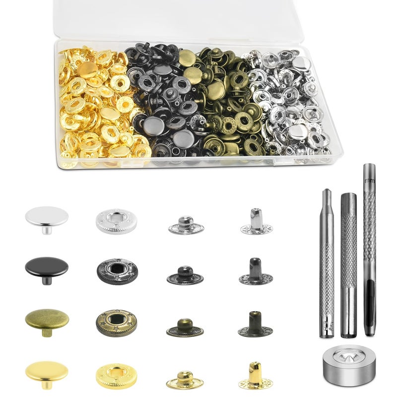 ManTangSun 100 Sets Leather Snap Fasteners Kit, 10mm Snaps Button, Metal Snap Buttons Press Studs with 4 Install Tools 4 Colors for Leather Bag Clothes Jackets Jeans Wears Bracelets Fashion DIY Sewing - Image 1