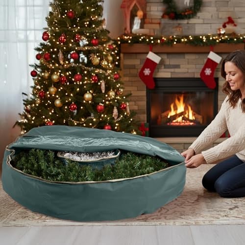Elf Stor Wreath Storage Container - Canvas Bag with Clear Window and Handles Holds 48-Inch Artificial Wreath with Compartment for Ornaments by Elf Stor (Green) - Image 2
