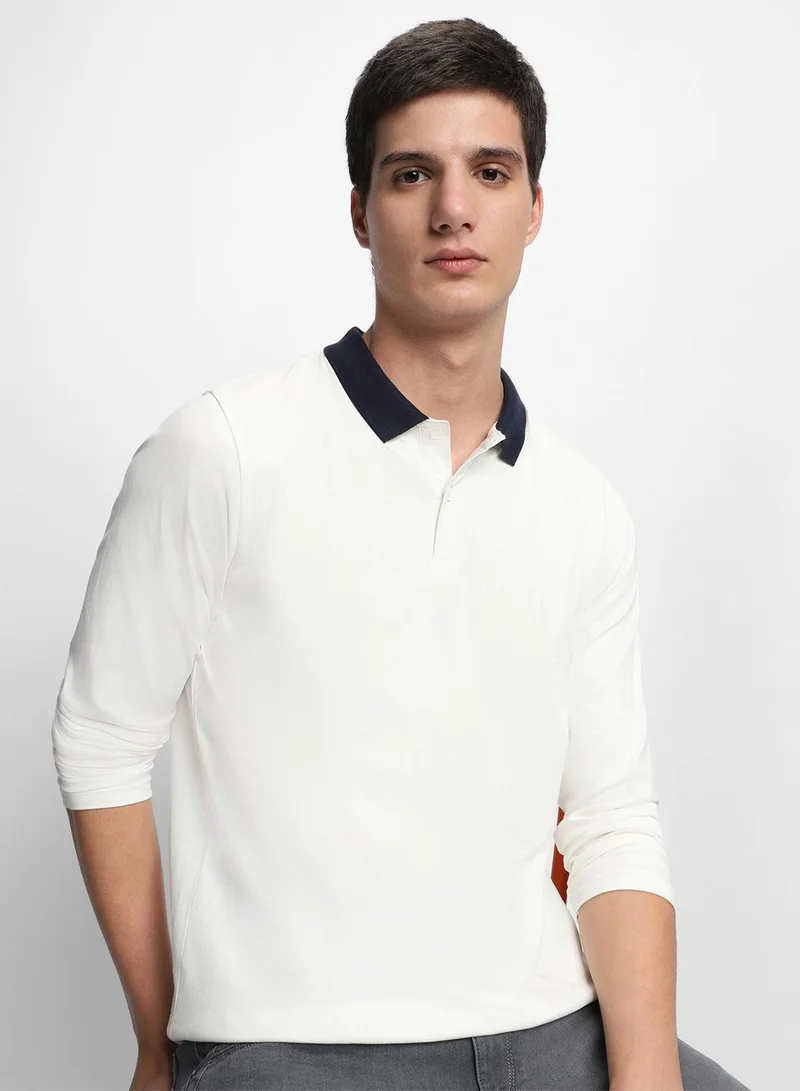 Dennis Lingo White Slim Fit Polo Collar T-shirt for Men - 100% Cotton, Full Sleeve, Casual