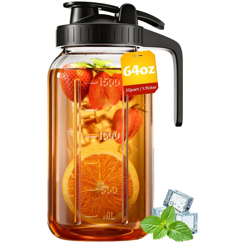 VA1KENE 64 oz Mason Jar Pitcher â€“ Airtight & Leakproof Glass Pitcher with Lid, Perfect for Iced Tae, Sun Tea, Cold Brew, Breastmilk, 2 Quart (1/2 Gallon) Mason Jar with Pour Spout Lid Flip-Cap & Handle - Image 1