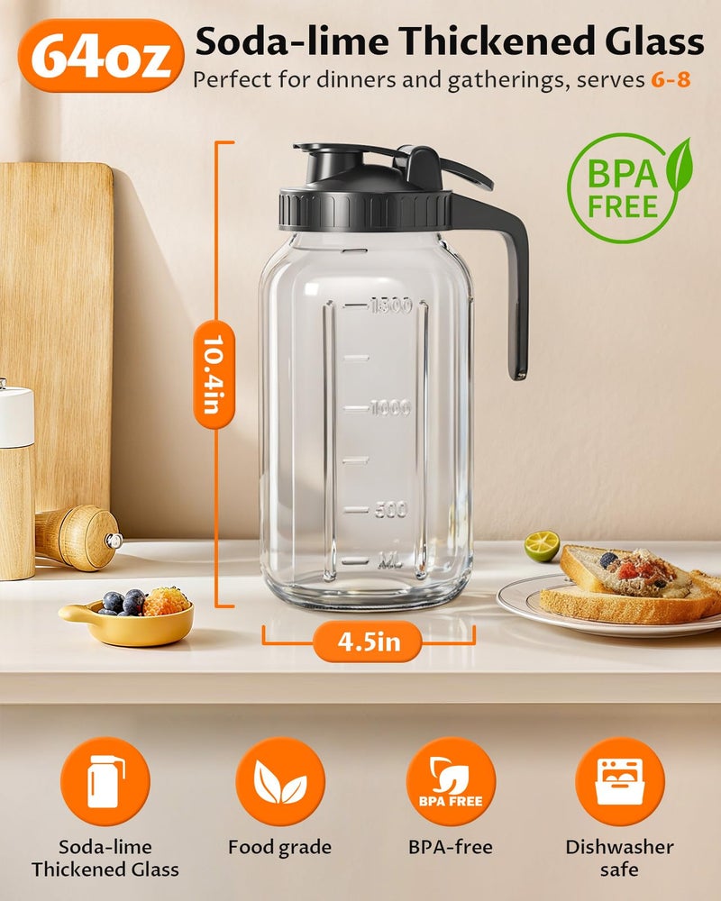 VA1KENE 64 oz Mason Jar Pitcher â€“ Airtight & Leakproof Glass Pitcher with Lid, Perfect for Iced Tae, Sun Tea, Cold Brew, Breastmilk, 2 Quart (1/2 Gallon) Mason Jar with Pour Spout Lid Flip-Cap & Handle - Image 2