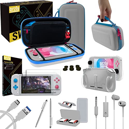 Orzly Switch Lite Accessories Bundle Case Screen Protector for Nintendo Switch Lite Console USB Cable Games Holder Grip Case Headphones ThumbGrip Pack More Gift Pack ZZ Edition - Image 1