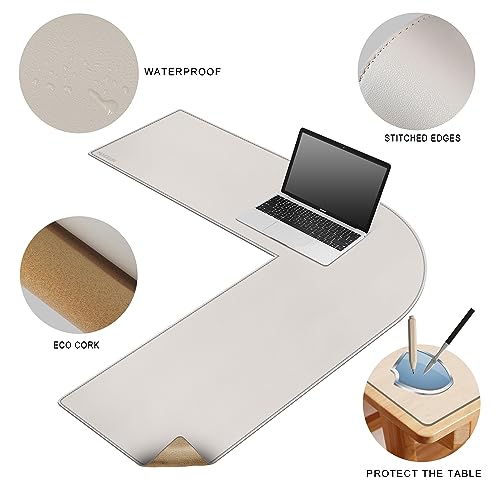 MAIDERN (40”+ 40”) x 13” L Shaped Corner Desk Mat, Cork & Leather Dual Sided Desk Pad for Gaming Computer Office Home (Cream) - Image 3