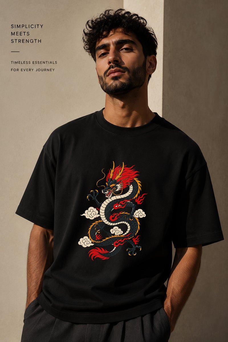 Men's Oversized Black Dragon Graphic T-Shirt Casual Short Sleeve Crew Neck Streetwear Tee - Image 1