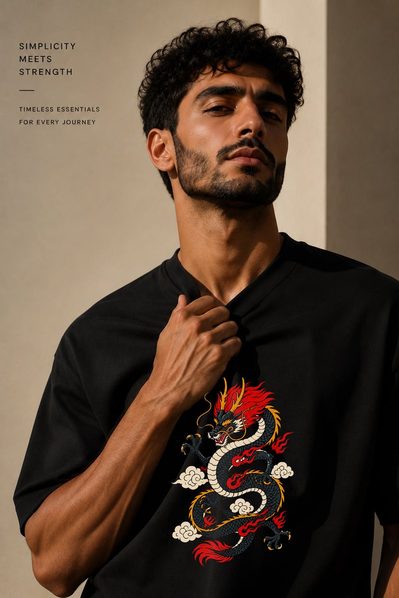 Men's Oversized Black Dragon Graphic T-Shirt Casual Short Sleeve Crew Neck Streetwear Tee - Image 5