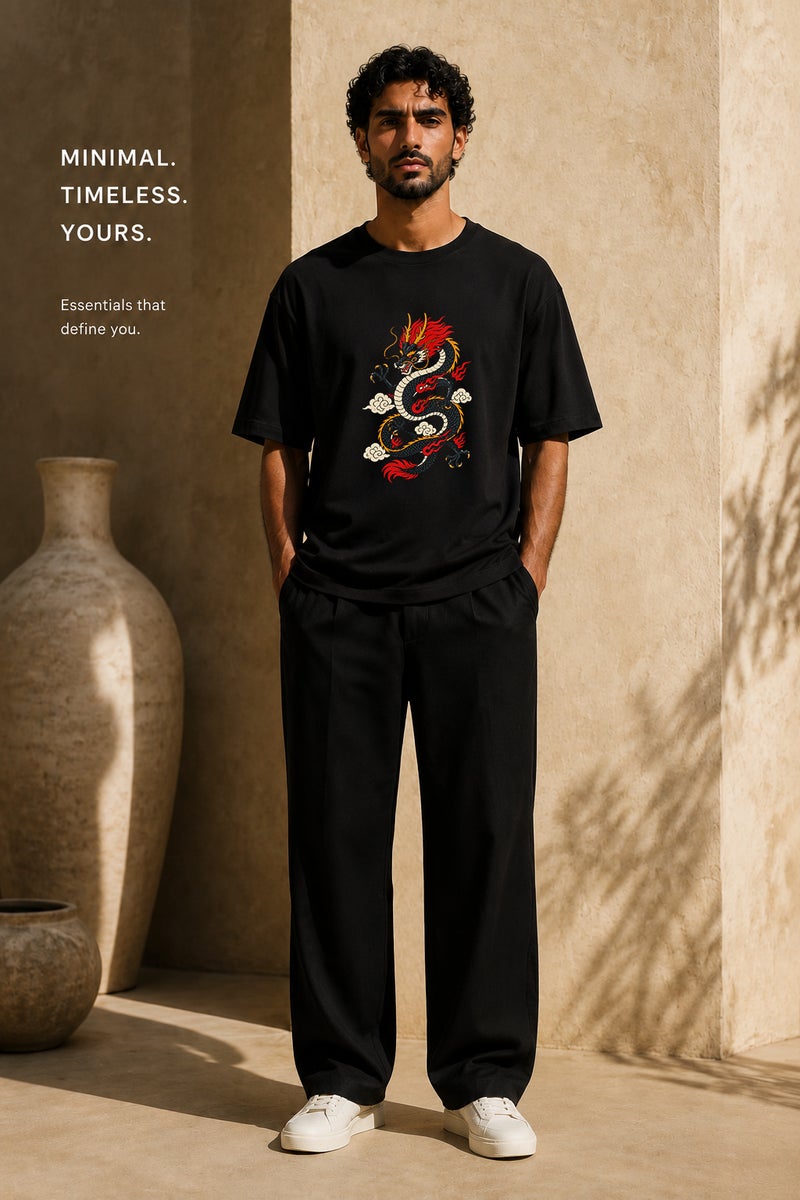Men's Oversized Black Dragon Graphic T-Shirt Casual Short Sleeve Crew Neck Streetwear Tee - Image 2