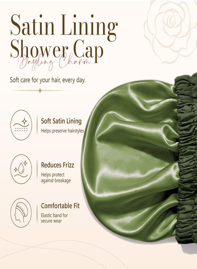 Edoneery Shower Cap for Women Reusable Waterproof, Large Satin Lined Hair Caps for Shower, Stylish Washable Bath Bonnet with Soft Elastic Band for Long Hair(Green - Image 4