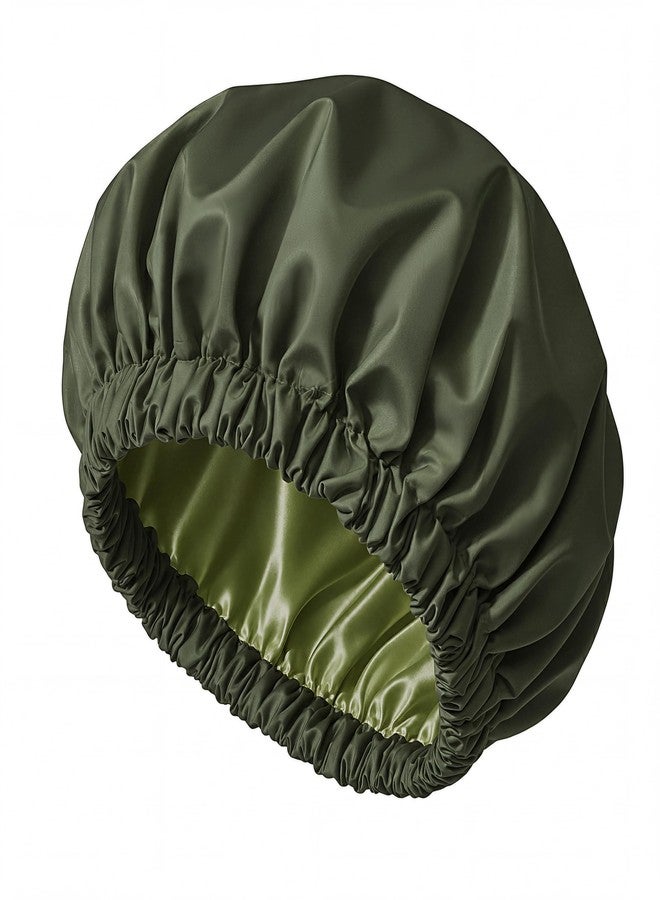 Edoneery Shower Cap for Women Reusable Waterproof, Large Satin Lined Hair Caps for Shower, Stylish Washable Bath Bonnet with Soft Elastic Band for Long Hair(Green - Image 1