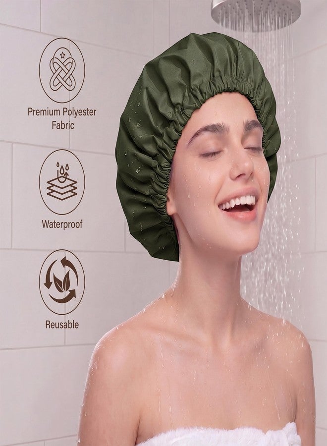 Edoneery Shower Cap for Women Reusable Waterproof, Large Satin Lined Hair Caps for Shower, Stylish Washable Bath Bonnet with Soft Elastic Band for Long Hair(Green - Image 2