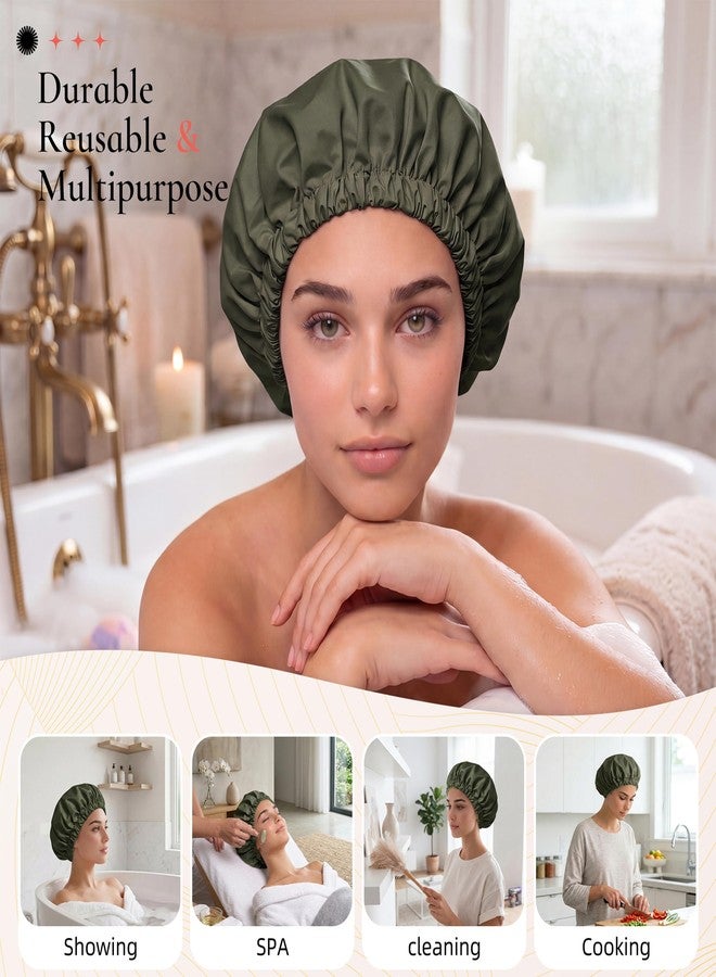 Edoneery Shower Cap for Women Reusable Waterproof, Large Satin Lined Hair Caps for Shower, Stylish Washable Bath Bonnet with Soft Elastic Band for Long Hair(Green - Image 3