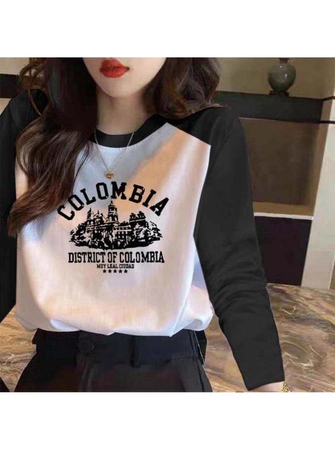 VUELO Spring And Autumn New Long Sleeve T-shirt Women's Pure Cotton Casual Loose Letter And Korean Style Raglan Sleeve Style Base Shirt Top Trendy 