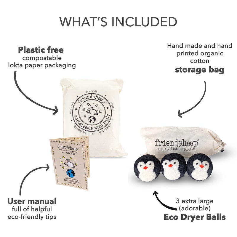 Friendsheep Wool Dryer Balls, Organic Reusable Fabric Softener Alternative for Laundry, Handmade, Fair Trade, Hypoallergenic, Eco-Friendly, Plastic-Free (3 Pack XL â€“ Penguin) - Image 2