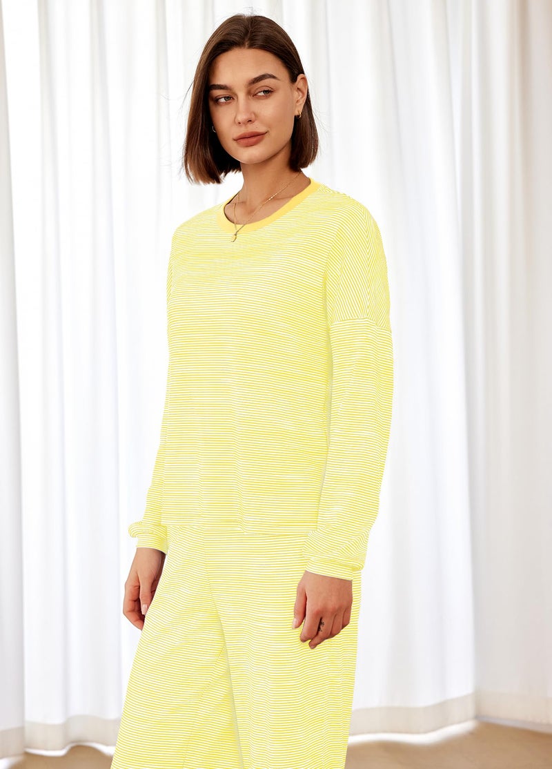 Panadila Womens 2 Piece Lounge Sets Striped Long Sleeve Pajama Set Oversized Tshirts Wide Leg Pant Loungewear (Yellow Combo,Medium) - Image 3