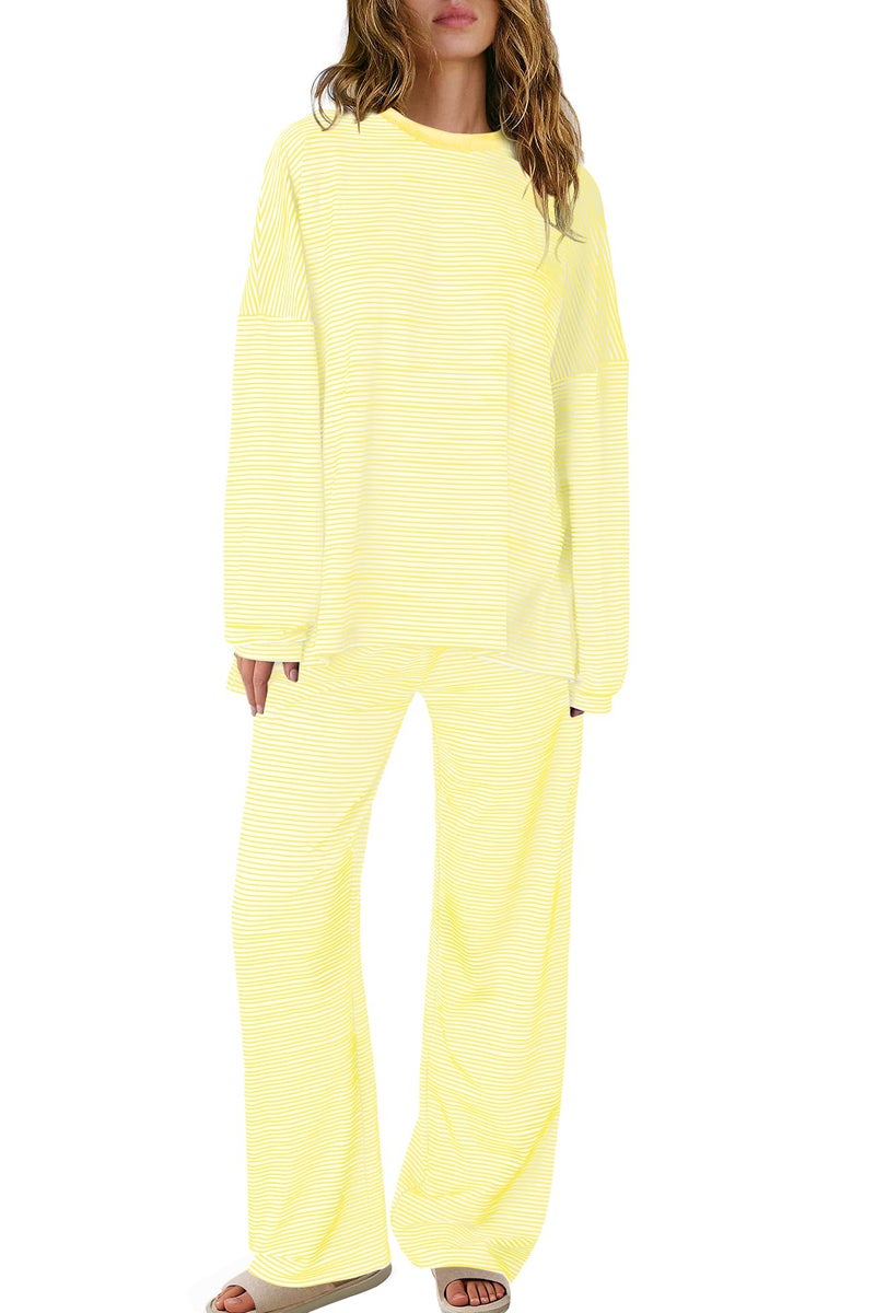 Panadila Womens 2 Piece Lounge Sets Striped Long Sleeve Pajama Set Oversized Tshirts Wide Leg Pant Loungewear (Yellow Combo,Medium) - Image 2