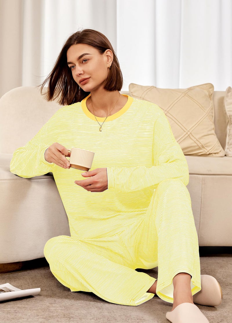 Panadila Womens 2 Piece Lounge Sets Striped Long Sleeve Pajama Set Oversized Tshirts Wide Leg Pant Loungewear (Yellow Combo,Medium) - Image 5