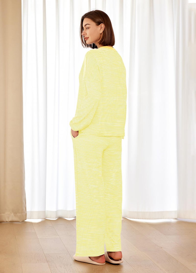 Panadila Womens 2 Piece Lounge Sets Striped Long Sleeve Pajama Set Oversized Tshirts Wide Leg Pant Loungewear (Yellow Combo,Medium) - Image 4