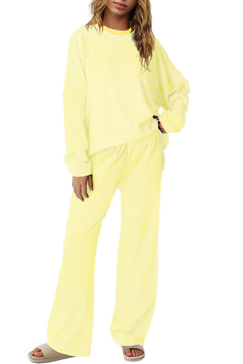 Panadila Womens 2 Piece Lounge Sets Striped Long Sleeve Pajama Set Oversized Tshirts Wide Leg Pant Loungewear (Yellow Combo,Medium) - Image 1
