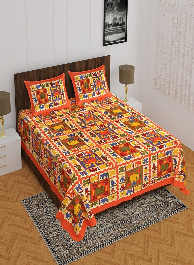 EarlyMart Cotton Rajasthani Jaipuri Traditional Floral King Size Double Bedsheet with 2 Pillow Covers (Orange) - Image 2