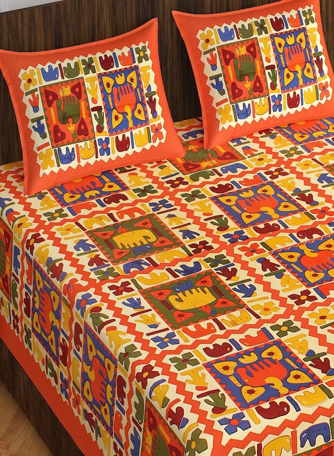 EarlyMart Cotton Rajasthani Jaipuri Traditional Floral King Size Double Bedsheet with 2 Pillow Covers (Orange) - Image 1
