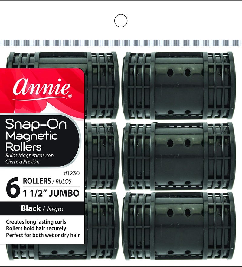 Annie Snap-On Jumbo Magnetic Hair Rollers - Black 1 1/2" - Set of 6 for Curling and Perm Styling - Image 1