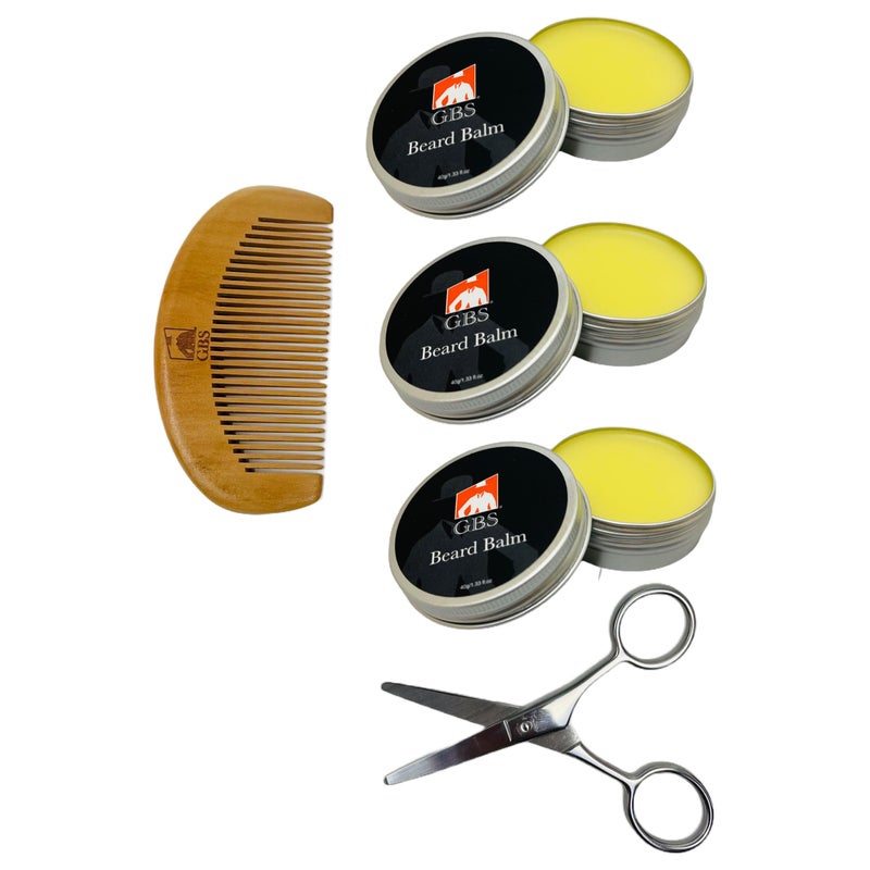 GBS Beard Conditioning Balm with Light Citrus Scent Wooden Beard Comb and Stainless Steel Trimming Scissors Travel Sized Styling Beard Kit for Men Pack of 3