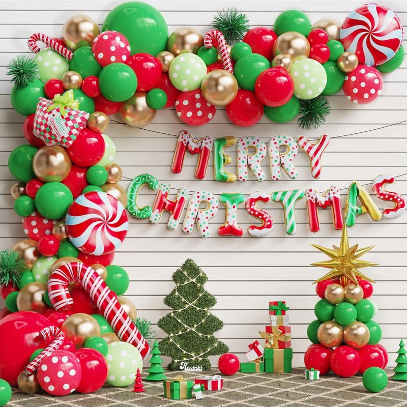 Christmas Balloon Garland Arch Kit 157pcs Red Green Gold Latex Balloons with Candy Cane Merry Christmas Foil Balloon for Xmas Holiday New Year Lollipop Party Decorations RED GREEN