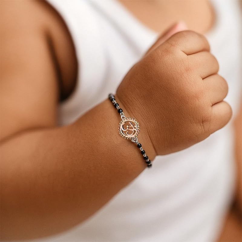 CLARA 925 Sterling Silver Baby Nazariya Kids Om Bracelet With Black Beads | New Born to 1 Year | Length 5 inch, Adjustable | Gift For Baby Boys and Girls - Image 2