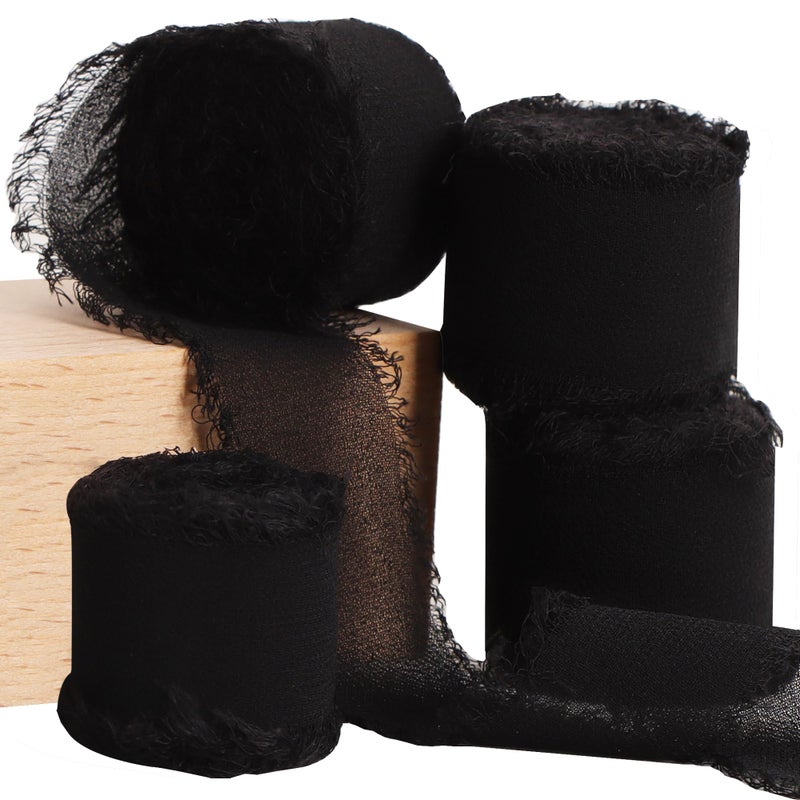 TONIFUL 4 Rolls 112 Inch Black Chiffon Silk Ribbon 22yds Handmade Fringe Chiffon Ribbons Set for Wedding Invitations Bridal Bouquets Gifts Wrapping DIY Craft Black 22yds 15