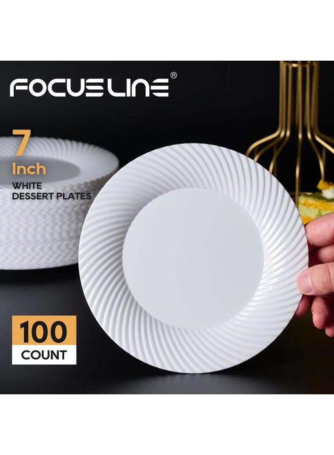 FOCUSLINE 100 Count 7 Inch White Plastic Plates, Disposable Heavy Duty Salad Dessert Plates- Premium Hard Plastic Plates Fancy Disposable White Plates for Weddings, Parties and Events - Image 2