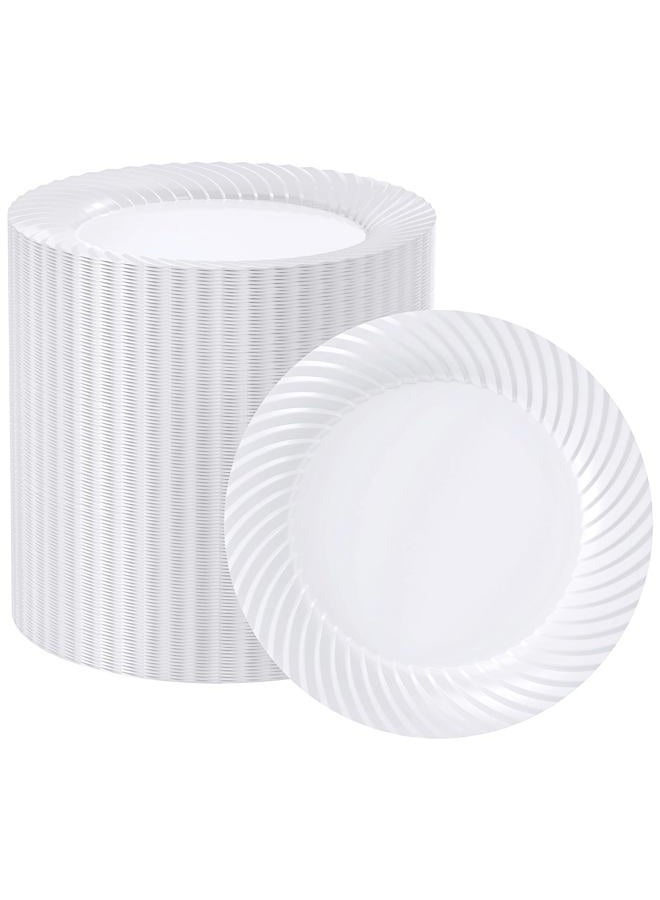 FOCUSLINE 100 Count 7 Inch White Plastic Plates, Disposable Heavy Duty Salad Dessert Plates- Premium Hard Plastic Plates Fancy Disposable White Plates for Weddings, Parties and Events - Image 1