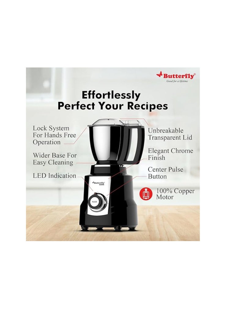 Butterfly Magnum 1.2HP Mixer Grinder with 4 Jars | 100% Copper Motor | 3 Stainless Steel Multipurpose Jars and 1 Juicer Jar | ABS Body | Handsfree Operation | Lifetime Motor Warranty| Black