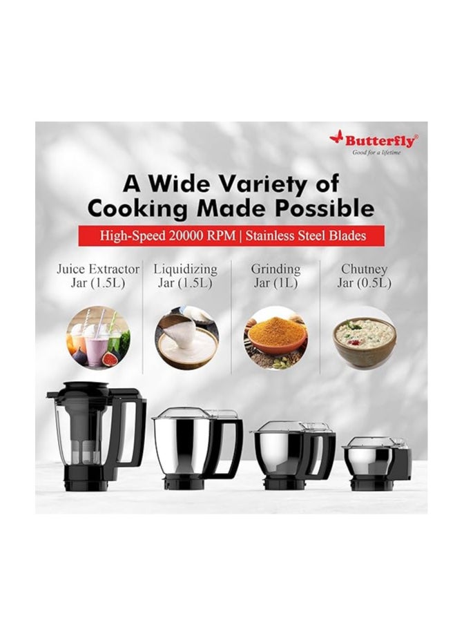 Butterfly Magnum 1.2HP Mixer Grinder with 4 Jars | 100% Copper Motor | 3 Stainless Steel Multipurpose Jars and 1 Juicer Jar | ABS Body | Handsfree Operation | Lifetime Motor Warranty| Black
