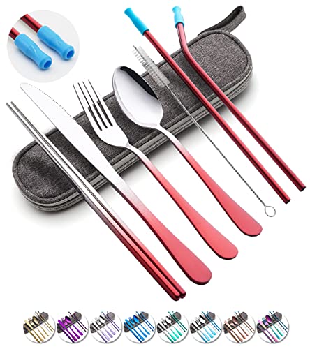 Travel Utensils Set with Case Reusable Portable Cutlery Set Stainless Steel 8pcs Including Dinner Knife Fork Spoon Chopsticks straws Gradient Red
