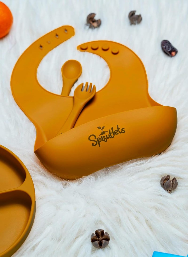Sproutlets Silicone Feeding Set, 6-Piece Baby Led Weaning Set - Suction Plate, Bear Bowl, Cup, Spoon, Fork and Bib - BPA Free (Ginger Yellow) - Image 5