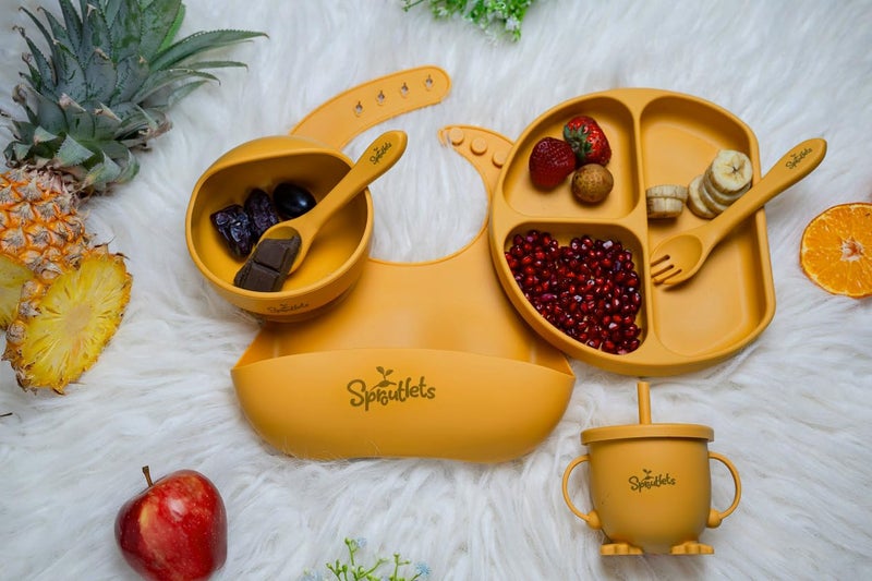 Sproutlets Silicone Feeding Set, 6-Piece Baby Led Weaning Set - Suction Plate, Bear Bowl, Cup, Spoon, Fork and Bib - BPA Free (Ginger Yellow) - Image 2