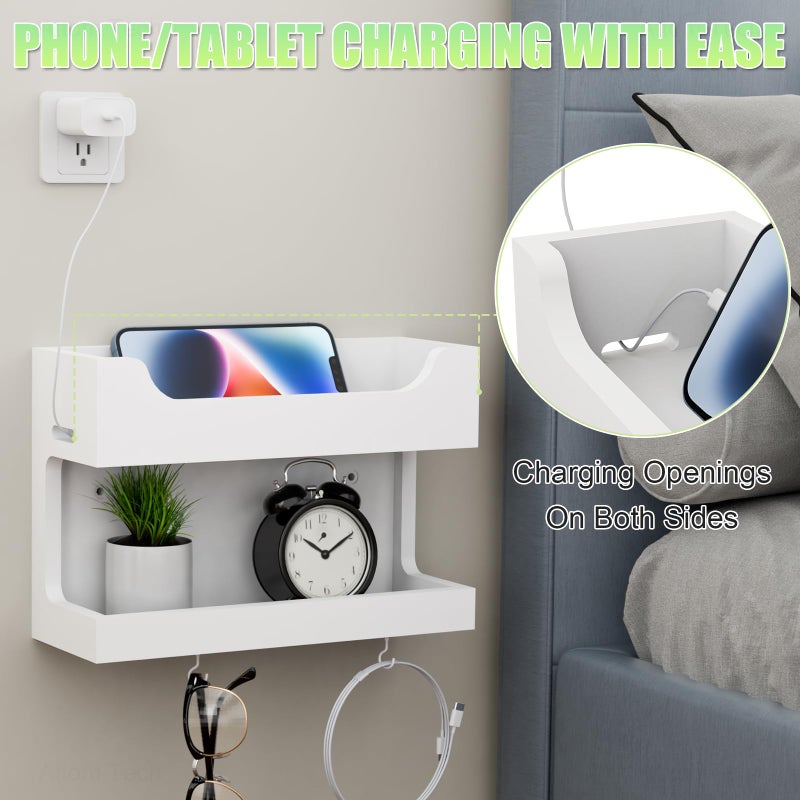 NiHome Wall Mounted Wooden Bedside Accessories Organizer, Double Tray Bedside Storage Shelf Rack with Magnetic Hooks, Bedroom Dorm RV Wall Caddy Holder for Phone Glasses Alarm Clock Remote (White) - Image 2