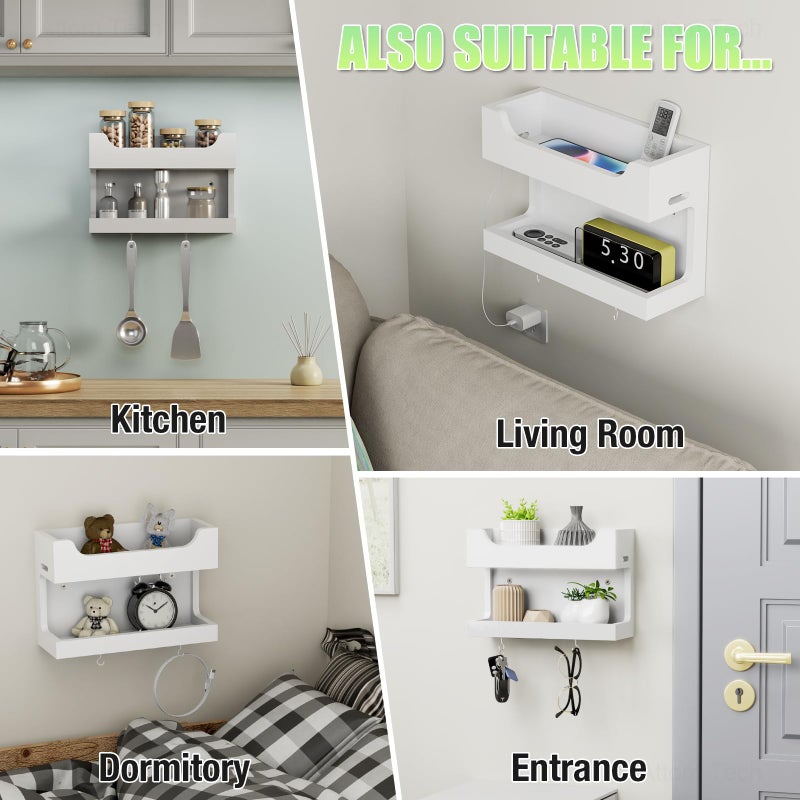 NiHome Wall Mounted Wooden Bedside Accessories Organizer, Double Tray Bedside Storage Shelf Rack with Magnetic Hooks, Bedroom Dorm RV Wall Caddy Holder for Phone Glasses Alarm Clock Remote (White) - Image 5