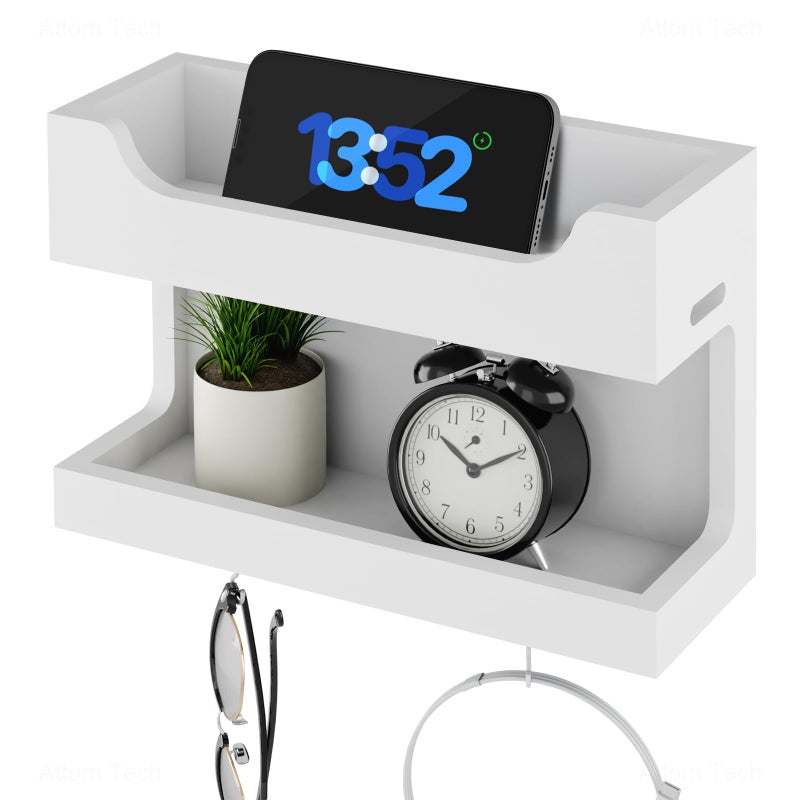 NiHome Wall Mounted Wooden Bedside Accessories Organizer, Double Tray Bedside Storage Shelf Rack with Magnetic Hooks, Bedroom Dorm RV Wall Caddy Holder for Phone Glasses Alarm Clock Remote (White) - Image 1